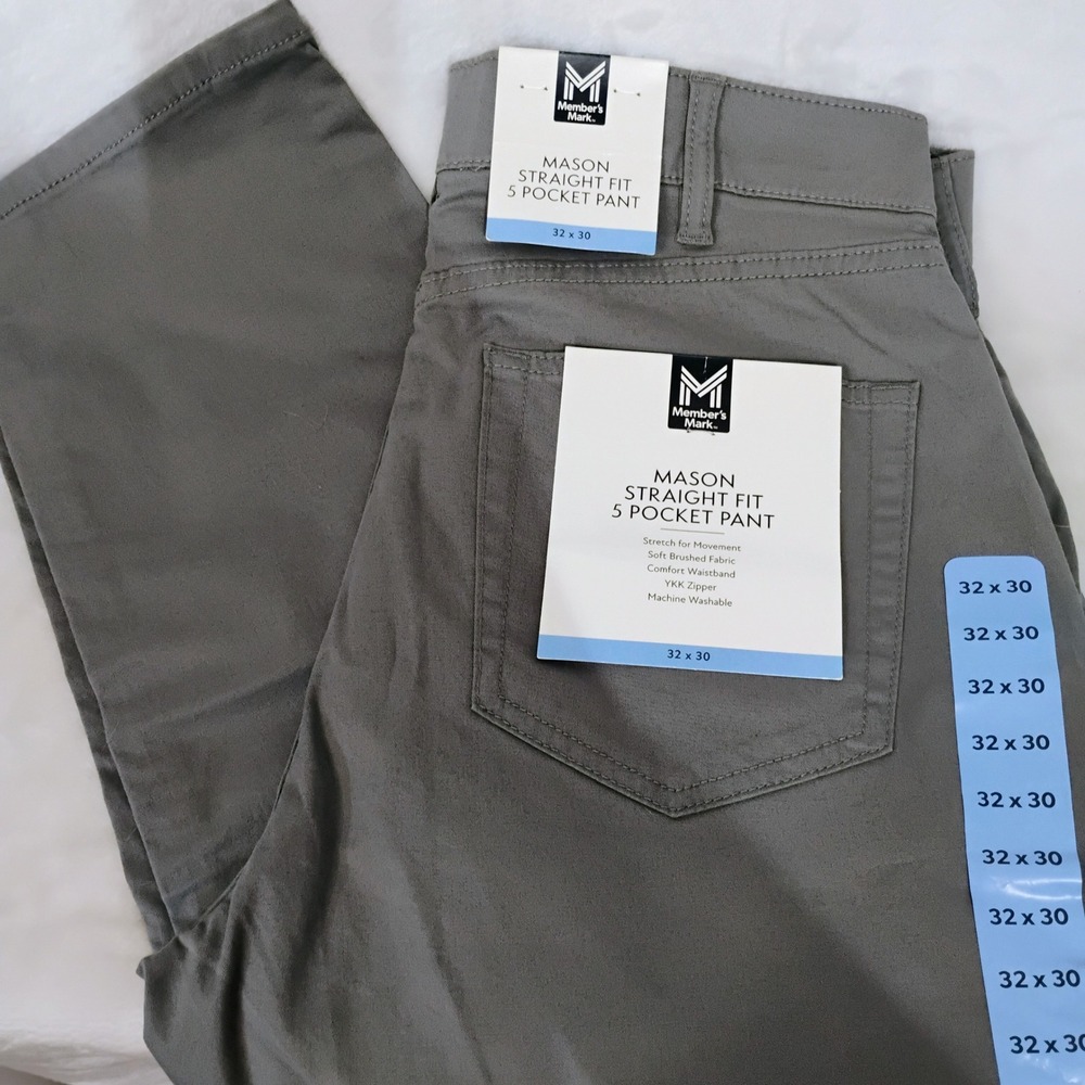 Members Mark Mason Straight Fit 5 Pocket Pant Gray 32x30 Mens Stretch Cotton P